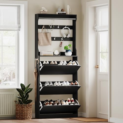 Shoe Storage Cabinet for Entryway,Black Shoe Cabinet with Coat Rack for Entryway Furniture Freestanding Hidden Shoe Storage with 3 Flip Drawer Narrow Shoe Rack Storage Organizer for Entryway