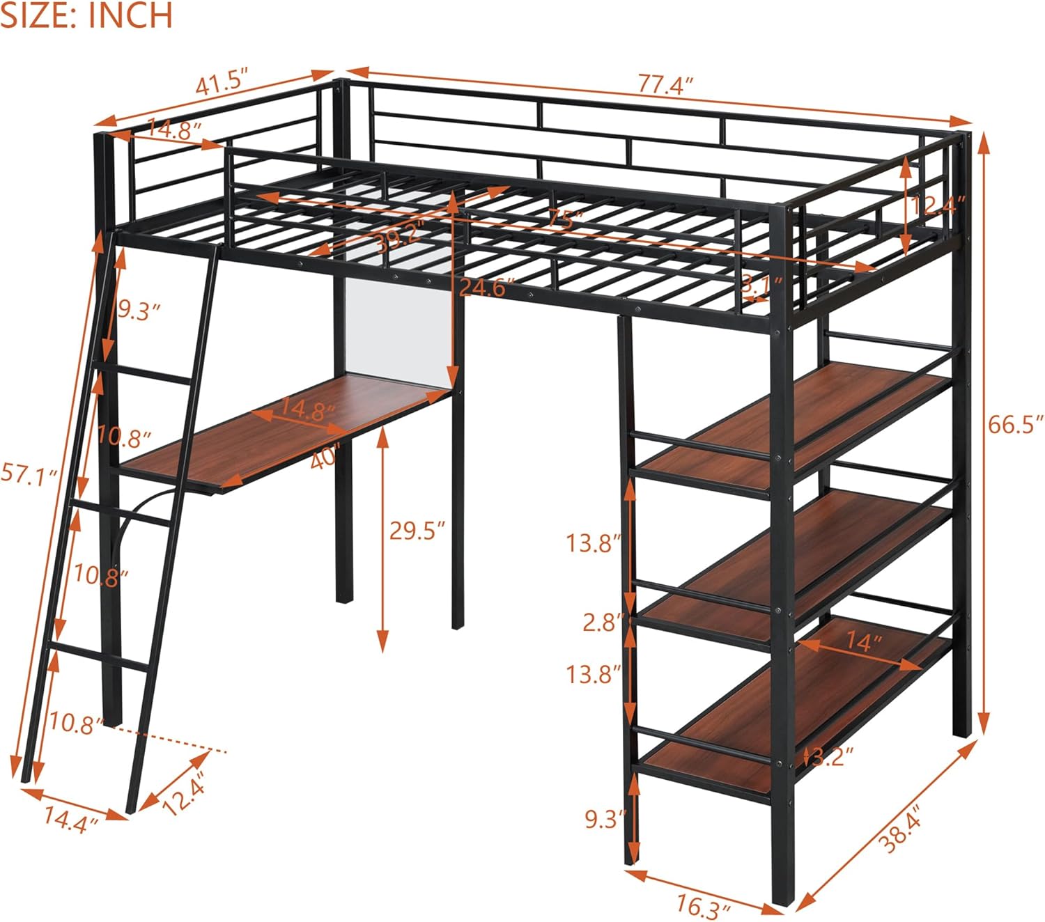 Twin Size Loft Bed Metal with Desk and Storage Shelves, with 3 Layers, Space Saving with Underneath and Whiteboard, High Loft Bed for Junior & Teens