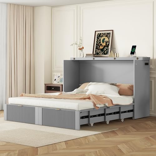 Multi-Functional Night & Day Furniture Murphy Cabinet Bed Wall Bed Frame Murphy Bed Chest with Built-in Power Strip & USB Ports & Drawers Full Foldable Platform Bed Pulley Structure Design Gray,King