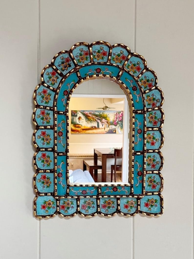 Aqua Blue Flower Arch Mirror, Stained Glass Mirror, Tropical Bohemian Mirror