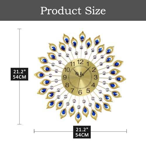 24.0 Inch Gold Large Wall Clocks for Living Room Decor,Elegant 3D Modern Wall Clock with Dial Arabic Numberals Non-Ticking Silent Big Wall Clocks,Diamond Round Home Decoration Kitchen Clocks