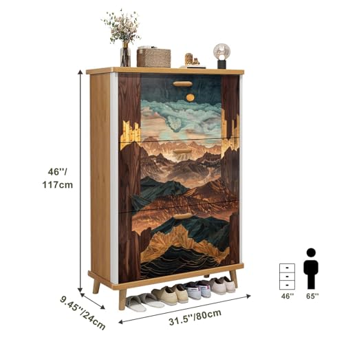 3 Drawer Shoe Cabinet, Artistic Shoe Cabinet, Calm Palette Mid Century Aesthetic Birch Wood Art Wood Shoe Rack Organizer for Entryway Slim (31.5”W x 9.45”D 46”H)