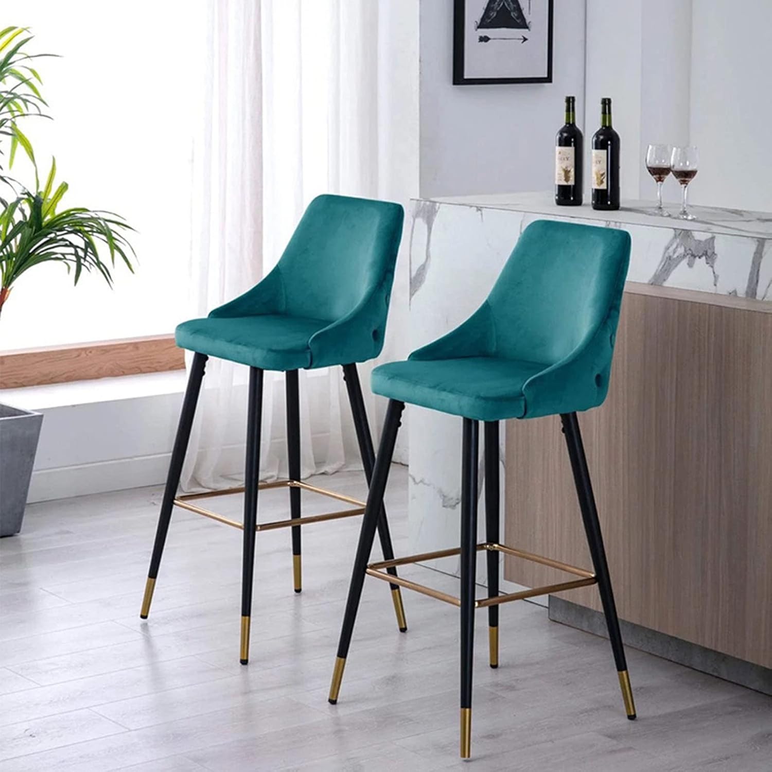 2PCS Soft Velvet Counter Chairs, Dining Stools with Velvet Backrests & Non-slip Footrests BarStools Weight capacity 150kg for Home Commercial Use,Green