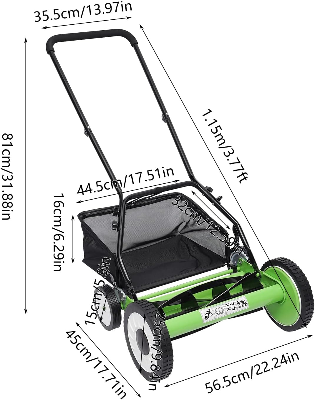 16In 5-Blade Manual Lawn Mower Self Propelled, 9-Gear Adjustable Height, Detachable, with 5.9-in Anti-Skid Wheels, Thickened U-Shaped Pipe, Use to Almost All for Lawn Weeding