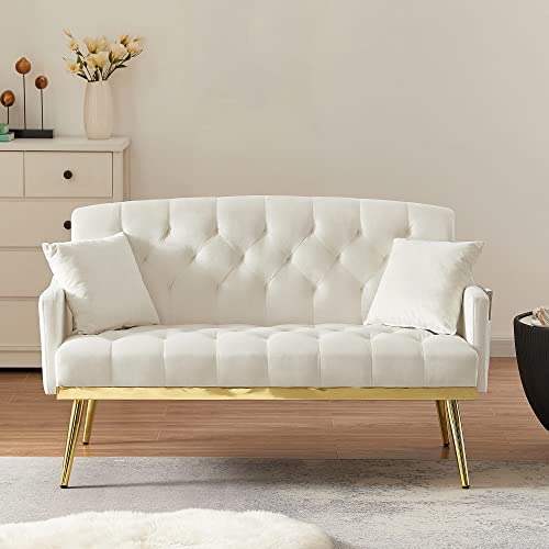Small Loveseat Sofa, Modern 2 Seater Teddy Fabric Small Sofa Couch with Gold Metal Legs and 2 Pillows for Living Room (Cream White Teddy Fabric)