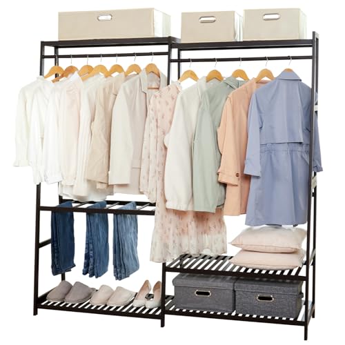 Homde Bamboo Clothes Rack Heavy Duty Garment Racks for Hanging Clothes, Max Load 440lbs, Freestanding Clothing Rack Closet with 6 Shelves