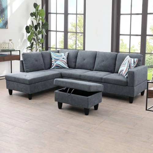 Convertible Sectional Sofa Couch, 3-seat L-Shaped Couch with Ottoman, Couches with Linen Fabric, with Moveable Chaise Ottoman Lounge for Apartment/Upstairs Loft/Living Room, Grey.97in(Right,Bro