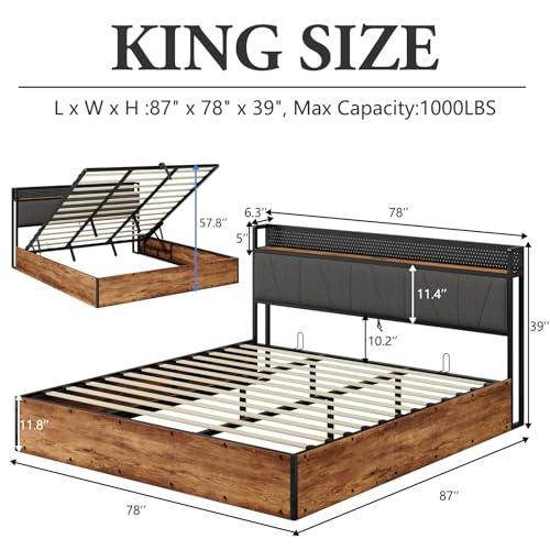 Albott King Size Lift Up Storage Bed Frame, Modern RGB LED Light Platform Bed Frame with Charging Station/Linen Upholstered Headboard/No Box Spring Needed, Black