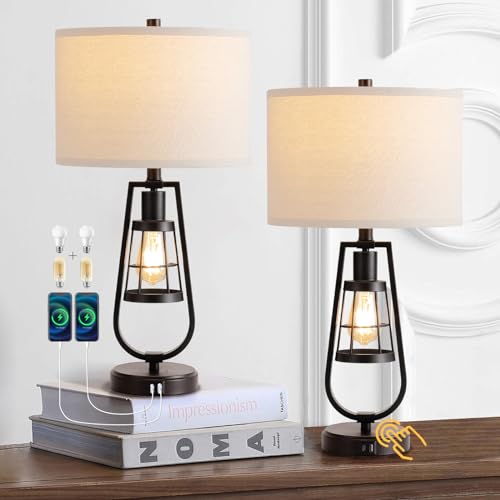 Industrial Table Lamp Set of 2 with USB Ports, Touch Control 3-Way Dimmable Bedside Lamp with Nightlight, Farmhouse Rustic Nightstand Lamp for Living Room Bedroom Office