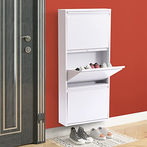 3 Drawer Steel Shoe Cabinet,Freestanding&Wall Mounted Shoe Rack Storage Organizer with Flip Door,Metal Shoe Cabinet for Entryway, Hallway (White-3 Drawer)