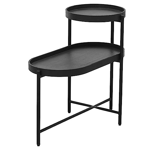 Side Table for Small Spaces Round 2-Tier Sofa Table Wooden End Table Living Room Coffee Table Nightstands Bedside Table Accent Table,Wood Tabletop & Black Metal Frame,Black