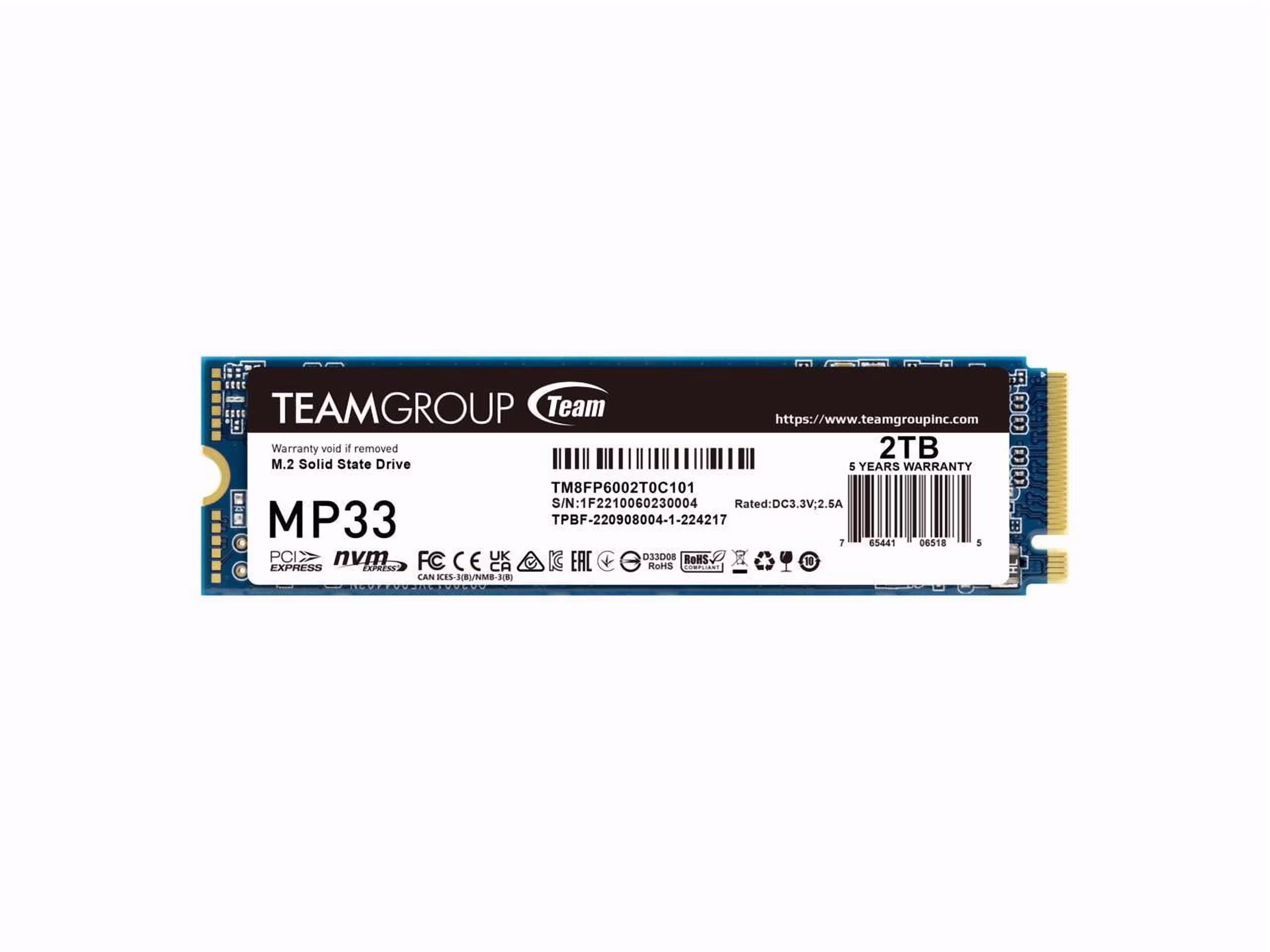 Team Group MP33 M.2 2280 2TB PCIe 3.0 x4 with NVMe 1.3 3D NAND Internal Solid State Drive (SSD) TM8FP6002T0C101
