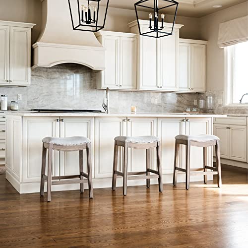 Maven Lane Adrien 31 Inch Bar Height Upholstered Backless Saddle Barstool in White Oak Finish with Natural Color Fabric Cushion Seat, Set of 3