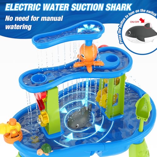 Auto Water Table for Toddlers 1-3 3-5 with Water Pumb, 3-Tier Kids Sand Water Table, Rain Showers Splash Pond for Outdoor Beach Backyard Summer, Activity Sensory Play Table for Boys Girls