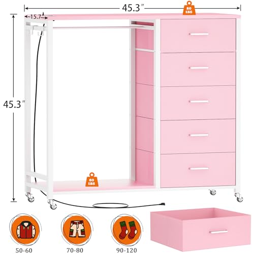 Cyclysio Dresser for Bedroom with Clothes Rack, 5 Drawers Dresser with Charging Station & LED Lights, Tall Storage Chest of Drawers with Wheels, Wooden Top, Lockable Wheels, Bedroom, Closet, Grey