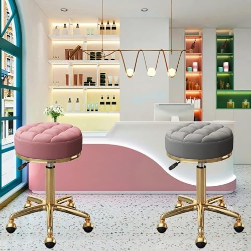 Gold Round Roller Stool, Swivel Bar Stool, Beauty Salon Spa Massage Stool, Shop Tattoo Makeup Stool with Metal Steel 5 Prong and Globe Wheels, Adjustable 47-64cm(Black)