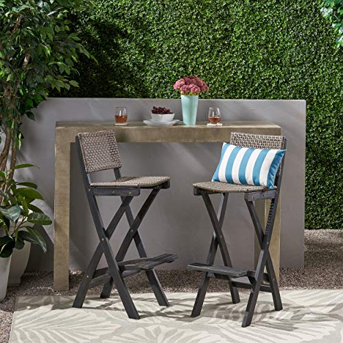 GDFStudio Outdoor Folding Acacia Wood Barstools (Set of 2), and Brown
