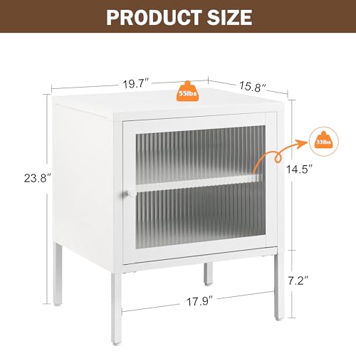 2 Tier End table, Metal Nightstand, Modern Side table with fluted glass door, Bedside table with LED Sensor Light, White Side Table with adjustable Shelf, End table for Living Room, Bedroom