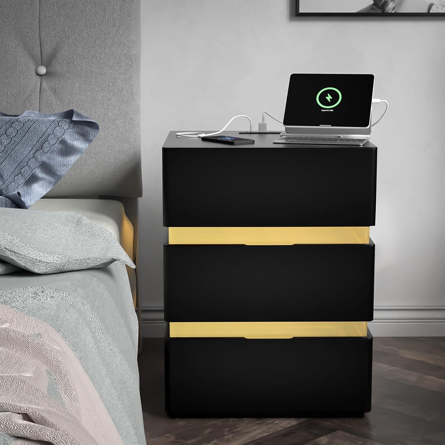 Black Nightstand with Charging Station and RGB LED Lights, Modern End Side Table with 3 Drawers, Wooden Cabinet Stand by Sofa, Bedside Tables for Bedroom,Bedside Tables 16.97