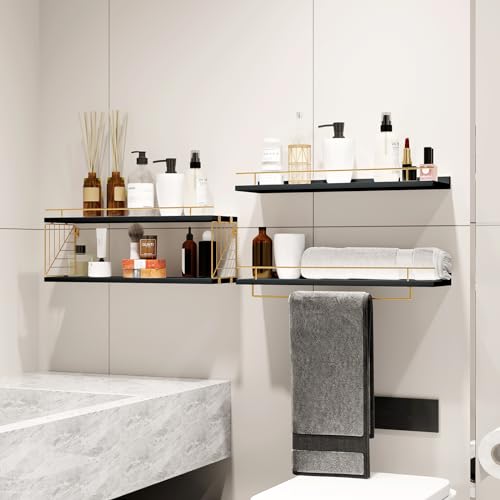 Fixwal 3+1 Tier Bathroom Shelves Over Toilet, 15.8in Farmhouse Floating Shelves with Towel Bar, Rustic Wood Wall Decor for Bathroom, Living Room,Bedroom and Kitchen (Dark Brown)