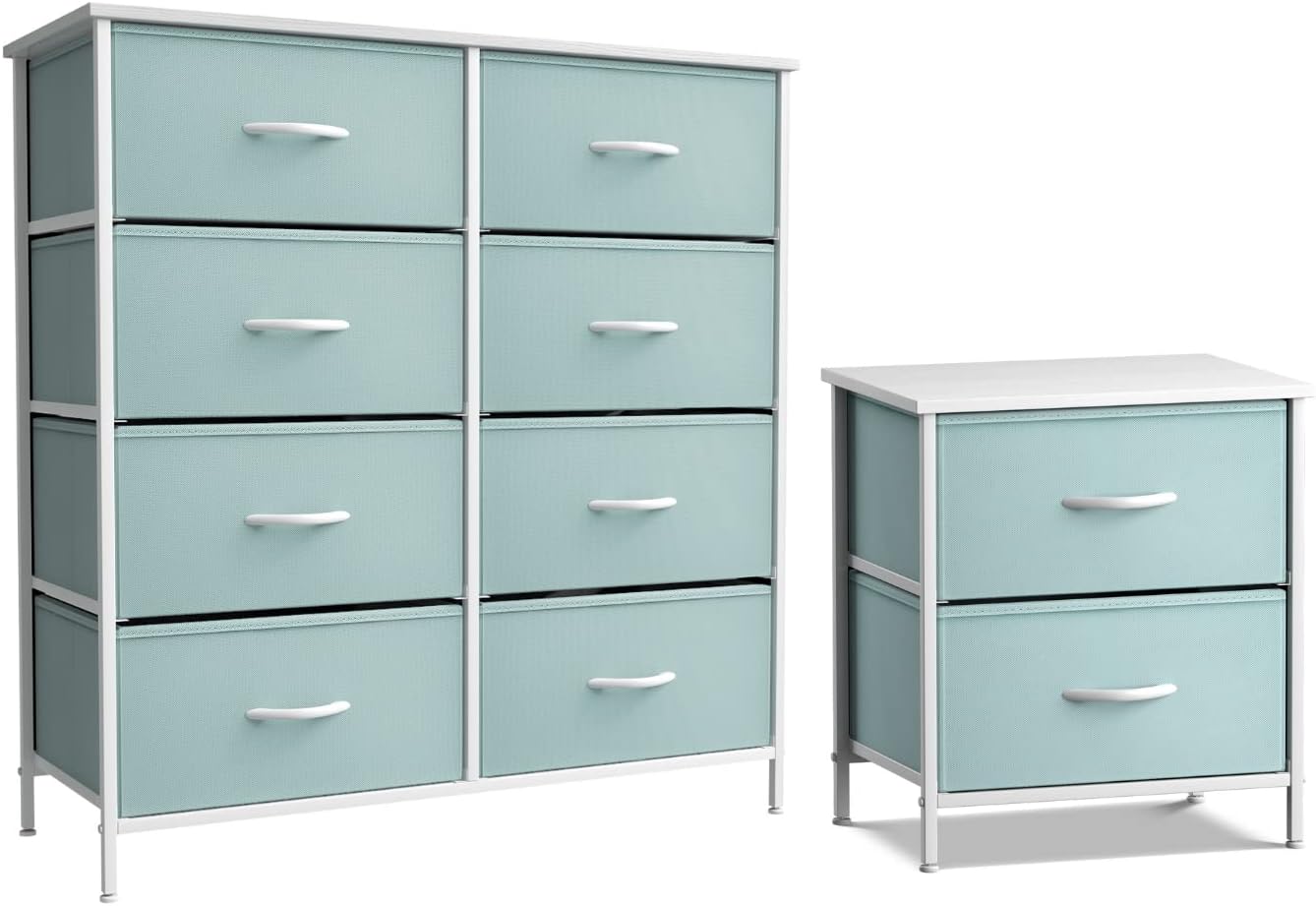 Sorbus Kids Dresser with 8 Drawers and 2 Drawer Nightstand Bundle - Matching Furniture Set - Storage Unit Organizer Chests for Clothing - Bedroom, Kids Rooms, Nursery, & Closet (Aqua)