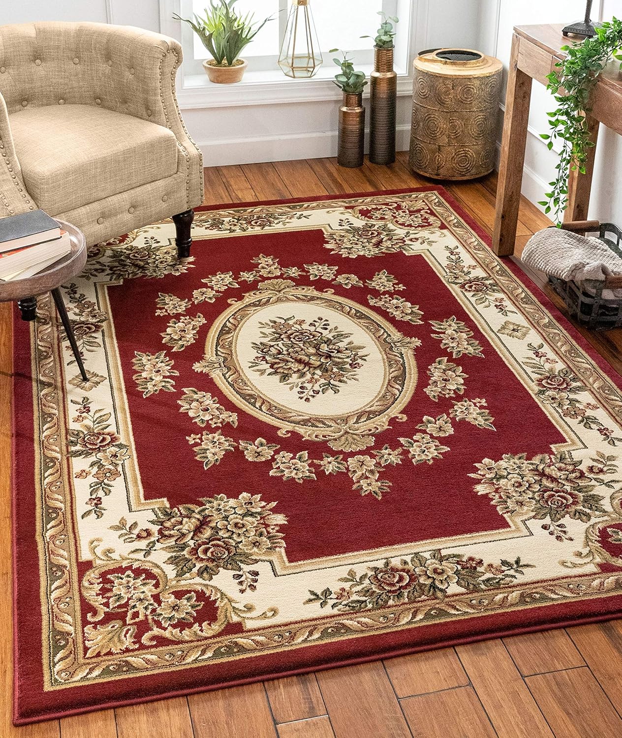 Well Woven Timeless Collection Le Petit Palais Red 6x9 Luxurious Traditional French Aubusson Medallion Oriental Area Rug Perfect for Living Room Bedroom or Dining Room Easy-to-Clean Durable Design