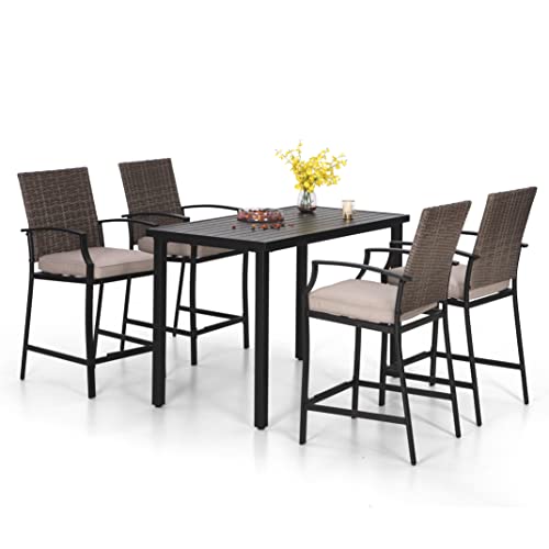 PHI VILLA 5 PCS Outdoor Bar Set,4 Patio Swivel Barstool with Thickened Frame and Breathable Fabric,Large Square Table with Coating,Solid and Durable for All-weather