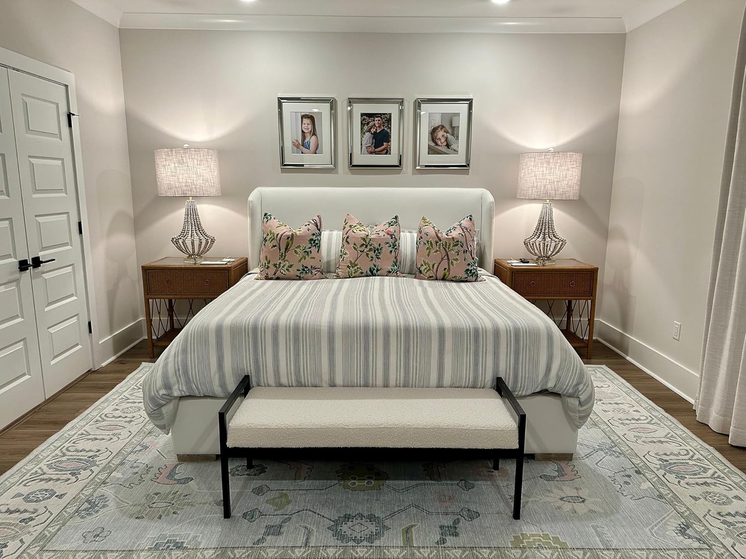 Cream Blue Oushak Rug, Modern, Vintage, Turkish, Eclectic, Floral, Pastel, Washable, Large Area Rugs for Living Room, Dining, Bedroom, Girls, Boys, 7'5