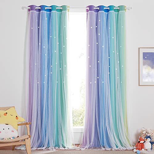 NICETOWN Nursery Curtains for Girls, Room Darkening Rainbow Curtains for Bedroom Kids Curtain Hollow-Out Star Window Drapes Curtain 84 inches Length for Living Room (Pink Purple, W52 X L84, 2 Panels)
