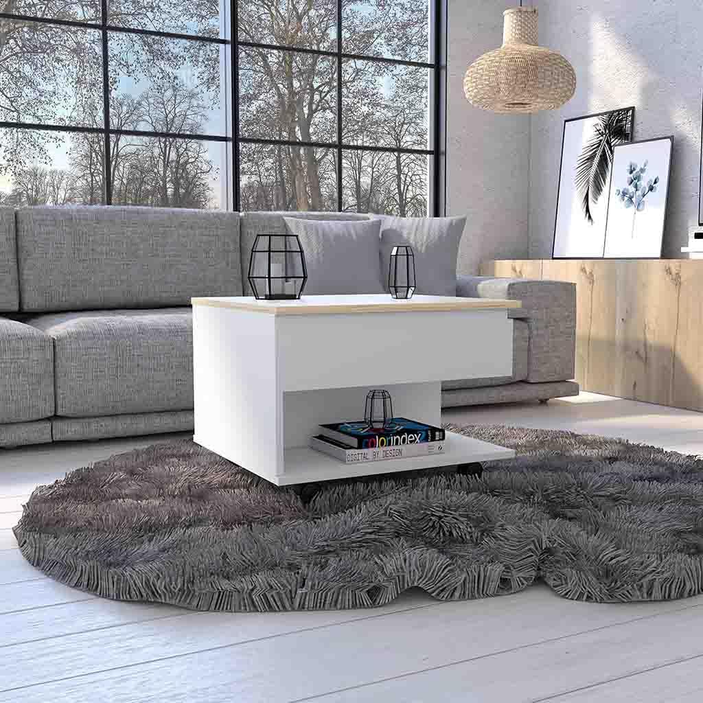 Lift Top Coffee Table Mercuri, Casters, White/Light Oak Finish