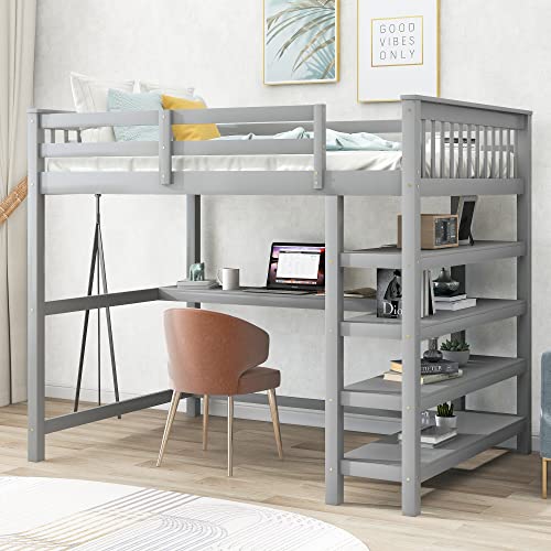 Merax Full Size Loft Bed with Storage Shelves and Under-bed Desk