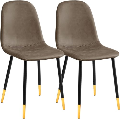 FurnitureR Dining Chairs, Dining Chairs Set of 2, Brown Dining Room Chairs, Modern Kitchen & Dining Room Chairs, ‎Faux Leather Upholstered Kitchen Chairs with Black Gold Metal Legs
