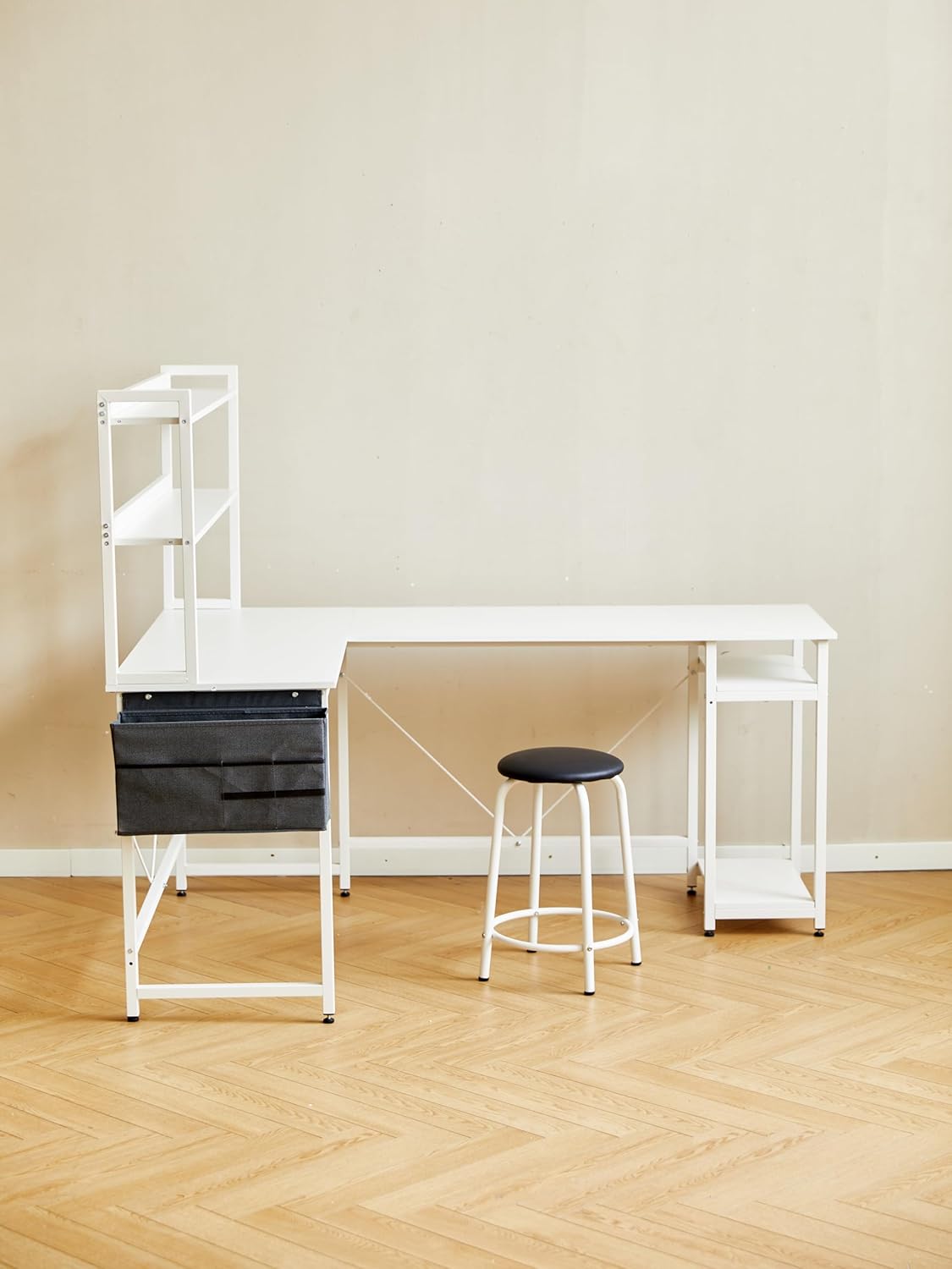 67 Inch L Shape Gaming Desk with Hutch, Computer Desk with Storage Shelves and Stool, Corner Desk for Home Office, Modern 2 Person Writing Desk, White