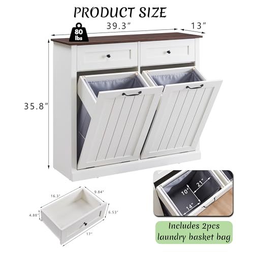 Tilt Out Laundry Hamper Cabinet, 10 Gallon Farmhouse Trash Can Cabinet with Drawer, Hidden Wood Garbage Can Bin Cabinet with Laundry Storage Basket for Bathroom, Kitchen, White