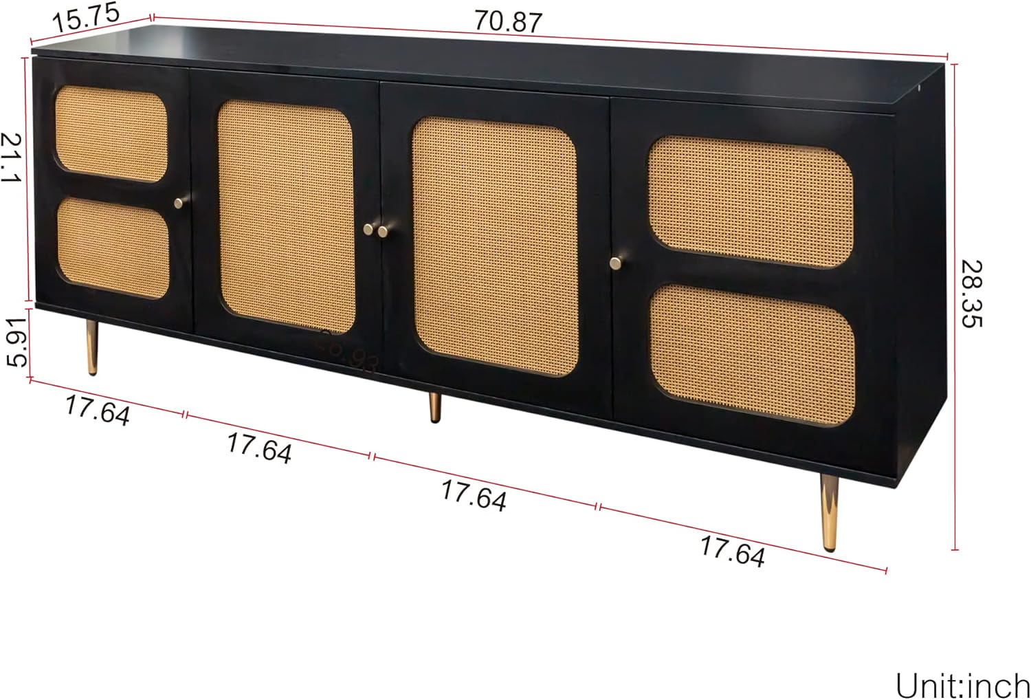 Spacious Sideboard Buffet Cabinet with 4 Rattan Doors, Adjustable Shelves, and Easy Assembly - 70.87