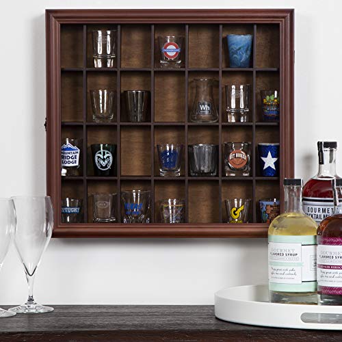 Gallery Solutions - 18x16 Shot Glass Collection - Display Case - Hinged Front - Shot Glass Collection - Cherry Walnut - 28 Shot Glasses - Bar, Home, Office Accessories - Organizer - Glass Rack