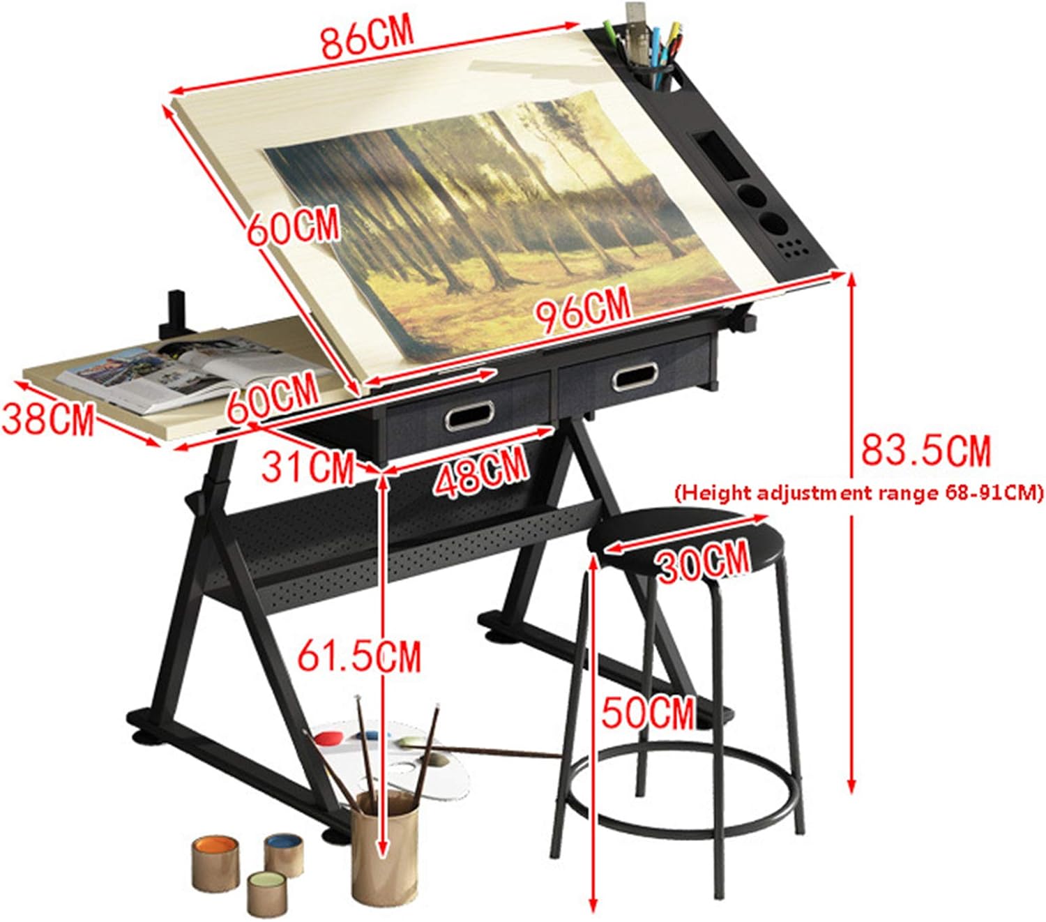 KOHARA Drafting Desk Wooden Drawing Table, Height Adjustable, Tiltable Tabletop 0°-80°, Art Craft Work Station, with 2 Storage Drawer