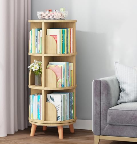 360° Rotating Wood Bookshelf, Freestanding Bookcase with 4 Compartments Multi-Functional Storage Shelf with Legs Mini Side Table 1 Tier Display Rack for Living Room Study Office