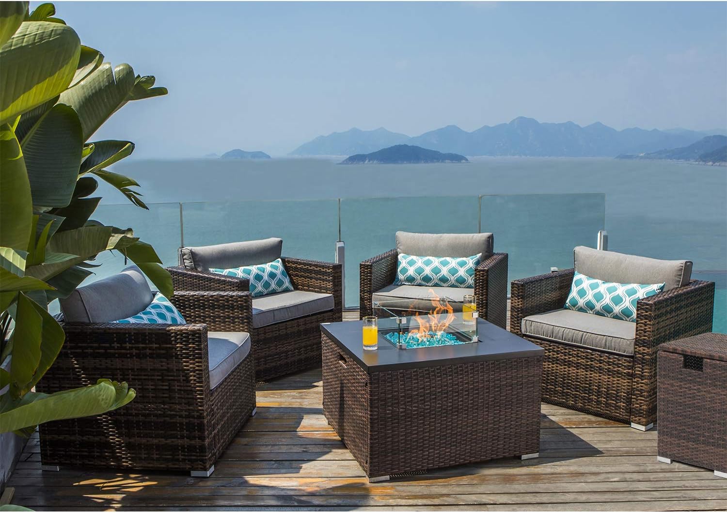 COSIEST 6-Piece Faux Brown Propane Fire Pit Outdoor Furniture Brown Chairs w Thick Cushion w 32-inch Square Wicker Fire Table (40,000 BTU), Fits 20lb Tank Outside w Wind Guard for Garden, Backyard