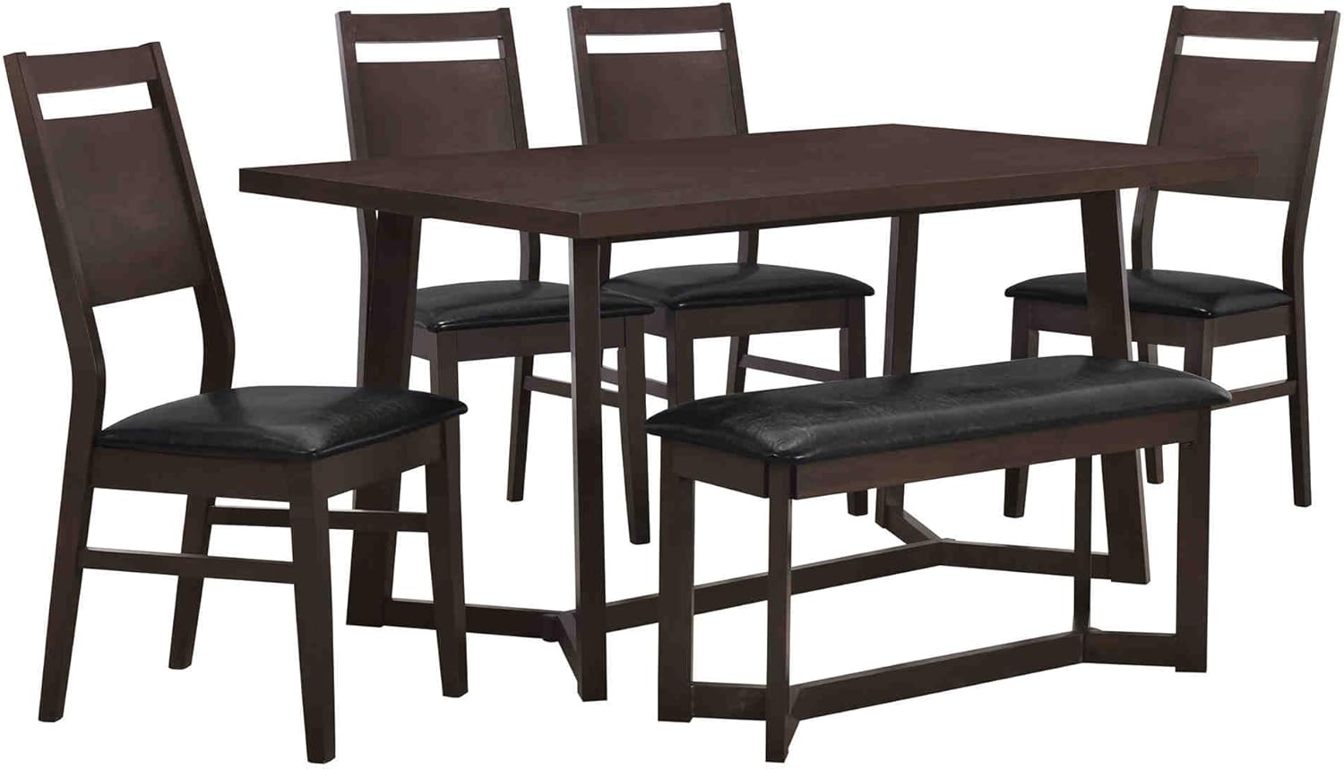 6-Piece Dining Table Set with 4 Soft Chairs and 1 Bench - Solid Wood Kitchen and Dining Room Furniture