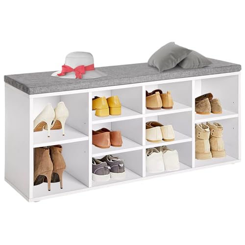 BLKMTY Shoe Bench Storage Bench 10 Compartments Shoe Organizer with 3-Tier Shoe Storage Bench Adjustable Shelf for Living Room Entryway Hallway Bedroom Multi-Purpose Entryway Organizer, Brown