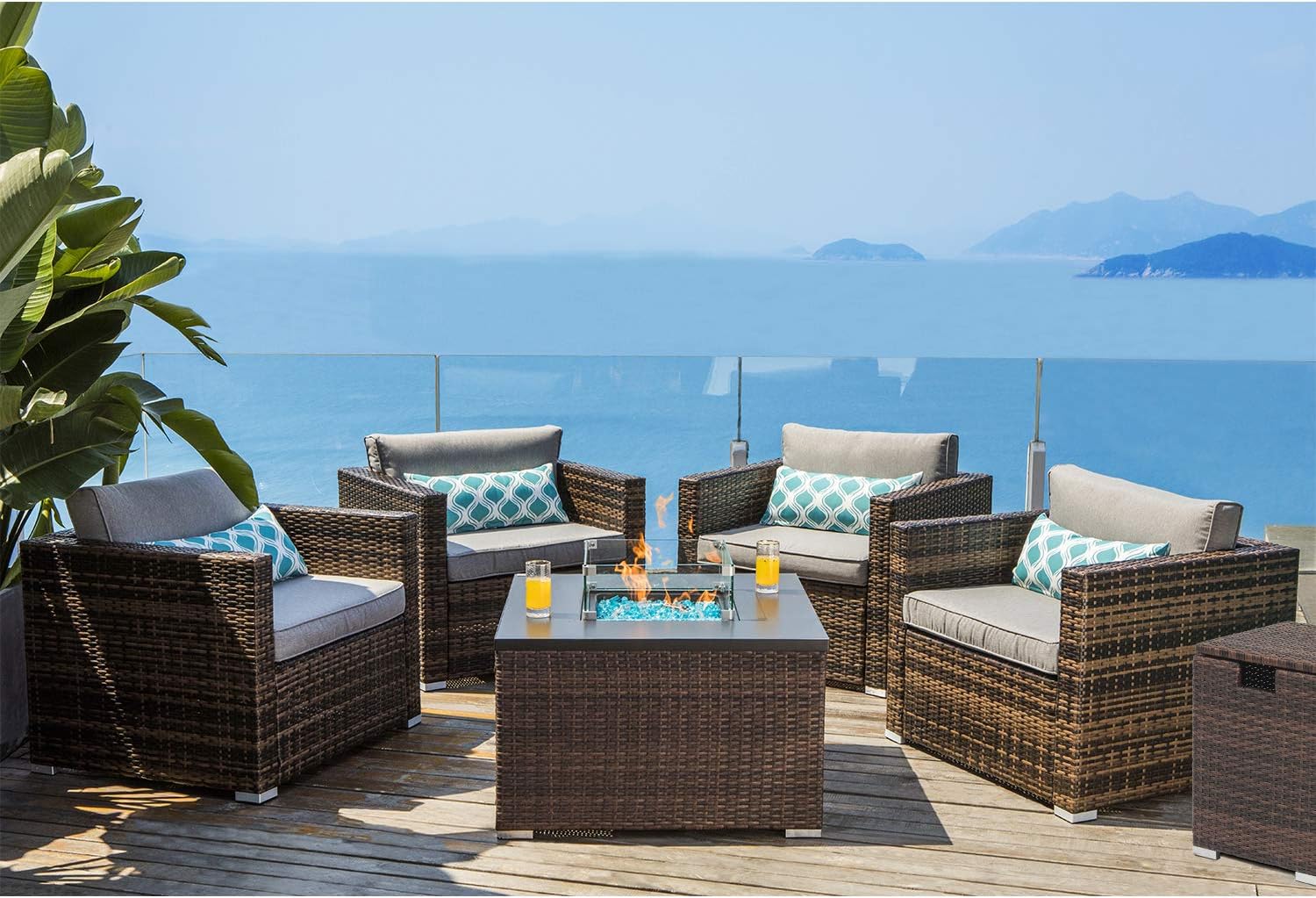 COSIEST 6-Piece Faux Brown Propane Fire Pit Outdoor Furniture Brown Chairs w Thick Cushion w 32-inch Square Wicker Fire Table (40,000 BTU), Fits 20lb Tank Outside w Wind Guard for Garden, Backyard