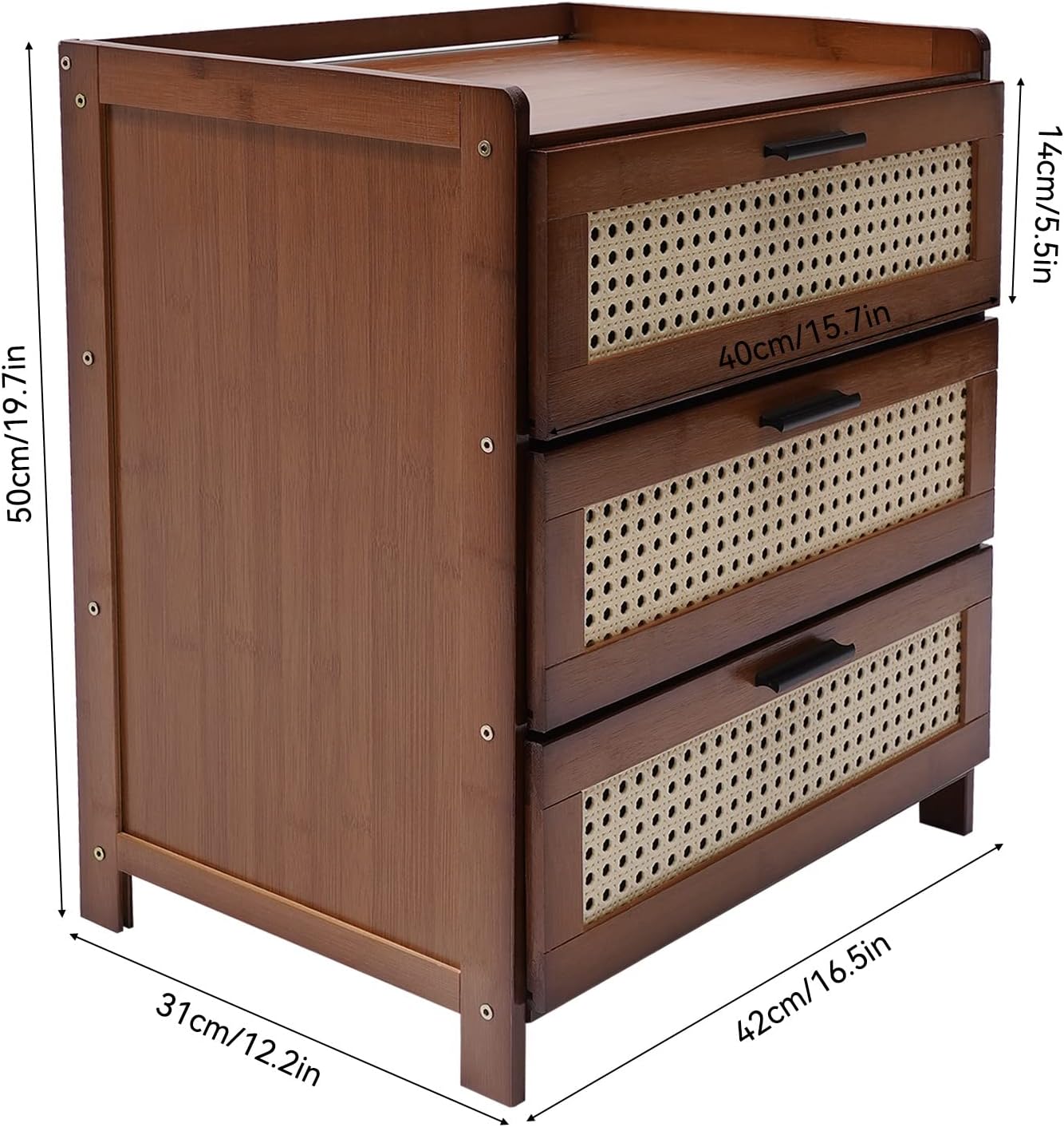 3 Drawer Dresser Natural Bamboo Nightstand Mid Century End Table Cabinets Storage Corner Bedside Table for Bedroom,Living Room,Entryway, Dark Brown