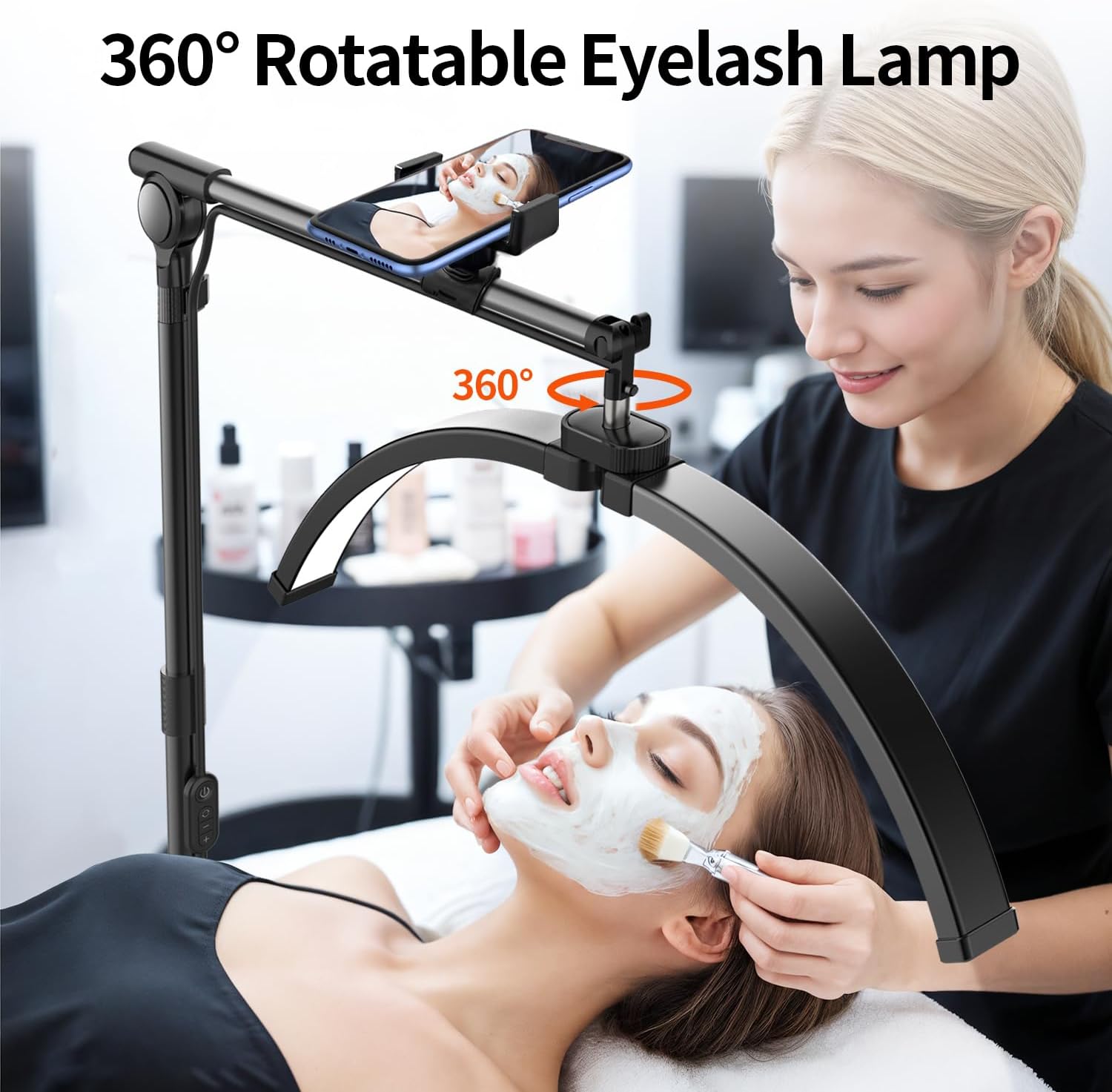 yAyusi Lash Light for Eyelash Tech, Foldable Floor Lash Lamp for Eyelash Extensions, LED Half Moon Light Lash Tech with Phone Holder, Dimmable Esthetician Light for Eyelash/Skincare/Tattoo