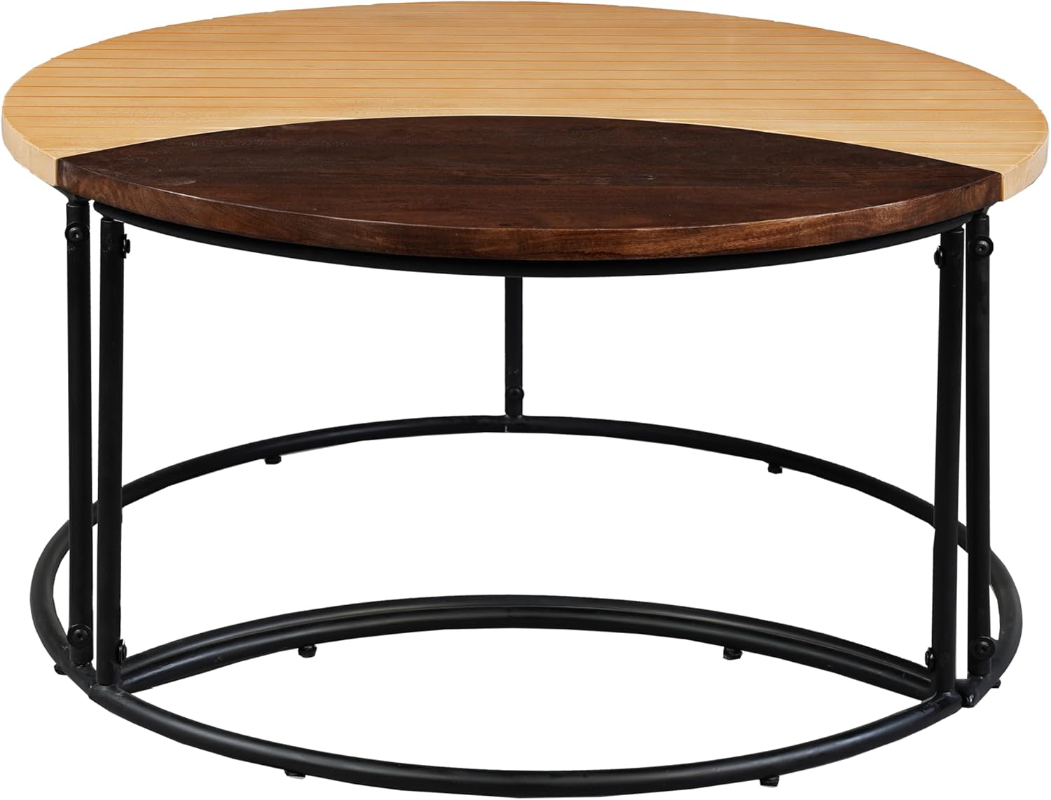 The Urban Port 35 Inch Round Crescent Mango Wood Coffee Nesting Tables with Metal Frame, Set of 2, Dark and Natural Brown