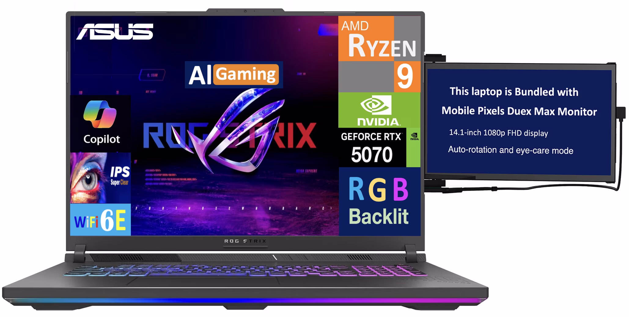 ASUS ROG Strix G18 Laptop 18in 240Hz WQXGA Display (AMD Ryzen 9 8940HX, NVIDIA GeForce RTX 5070 8GB, 16GB DDR5, 8TB PCIe SSD, RGB KB, WiFi 6E, Webcam, Bluetooth 5.4, Win 11 Home) w/Duex Max DS Monitor