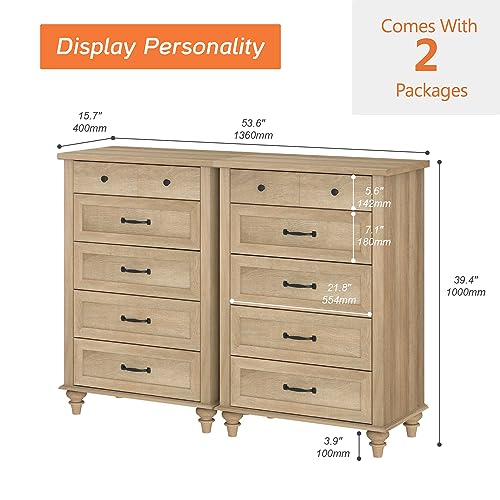 WAMPAT Farmhouse Dresser for Bedroom with 10 Drawers, Tall Dressers with Wide Chest of Drawers, Wooden Closet Storage Organizer for Nursery, Baby Dresser for Living Room, Hallway, Oak