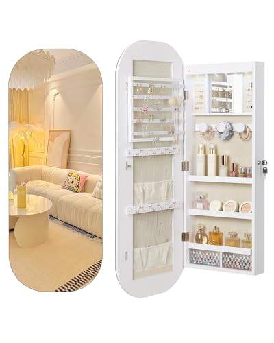 Nicetree LED Mirror Jewelry Cabinet, Rounded Jewelry Armoire Cabinet, Lockable Wall or Door Mounted Jewelry Organizer with Interior Mirror, Wide Mirror with Jewelry Storage, 2 Drawers, Rustic Brown