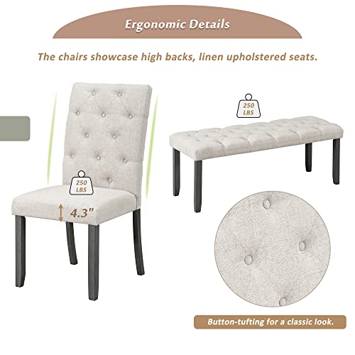 6-Piece Set Wooden Rectangular Table,4 Fabric chairs and Bench Family, Home Furniture for Dining,Living Room,and Kitchen,Espresso