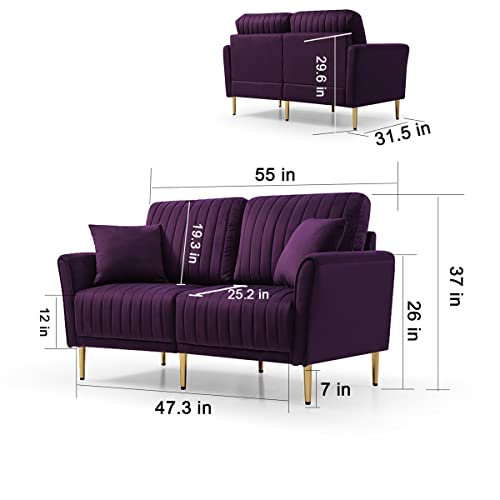 Modern 2 Seat Velvet Sofa with Reversible Cushions, Upholstered Sofa Couch with Gold Metal Legs, Loveseat Round Arm Sofa Chair Convertible Futon Sofa Furniture for Living Room Office, Purple